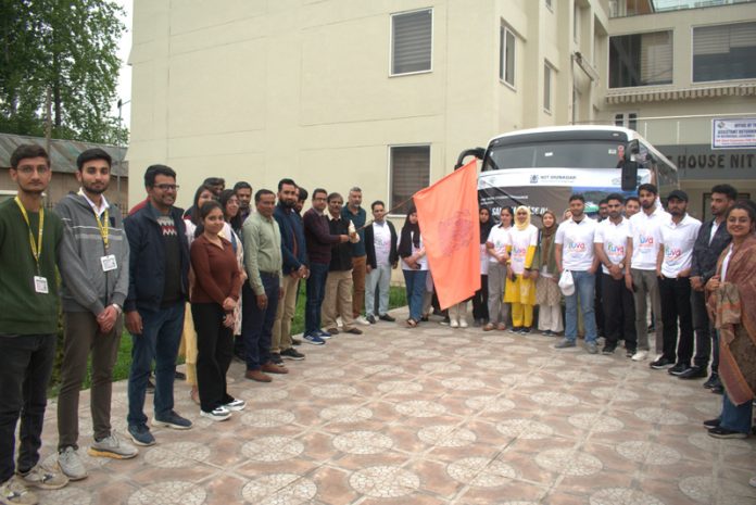 Prof A Ravinder Nath and Prof Atikur Rahman flagging off students for an exposure tour from NIT Srinagar on Saturday.