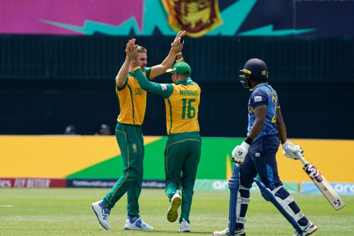 Anrich Nortje celebrating after taking 4 wickets against Sri Lanka.