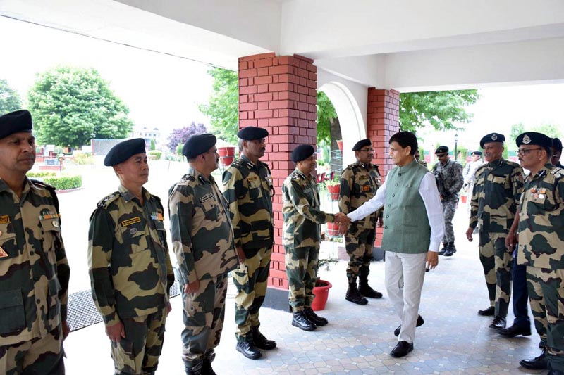 Union MoS Home Nityanand Rai meeting the BSF officers at Srinagar on Tuesday.