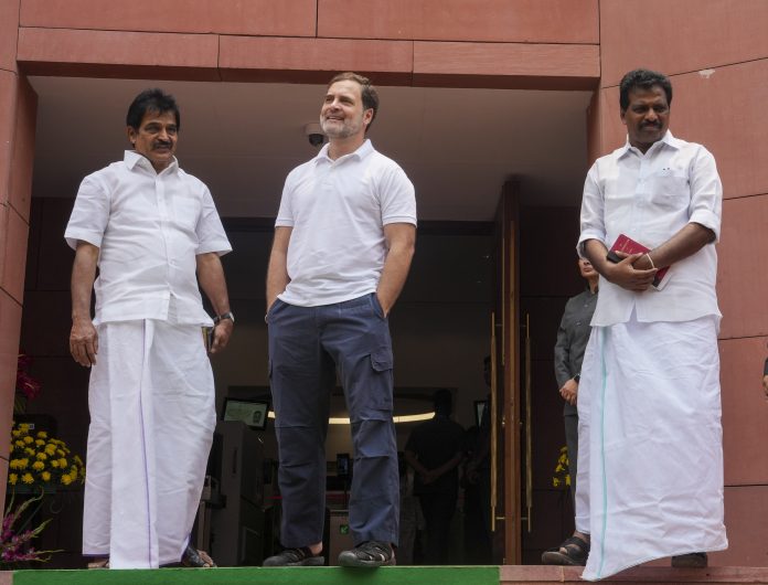 Congress members Rahul Gandhi and KC Venugopal at the Parliament House complex on the first day of the first session of the 18th Lok Sabha, in New Delhi