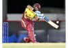 Nicholas Pooran playing a short during his inning of 104 runs against Afghanistan.