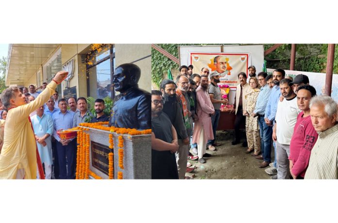 BJP president Ravinder Raina garlanding statue of Dr Shyama Prasad Mookherjee at party office Jammu on Sunday (L) and BJP activists paying tribute to Late leader at Srinagar (R).