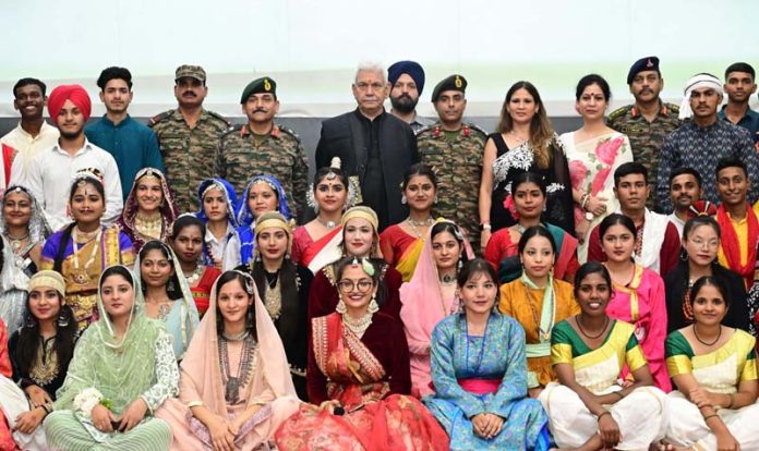Lt Governor Manoj Sinha posing for photograph with NCC cadets at Special National Integration Camp in Srinagar.