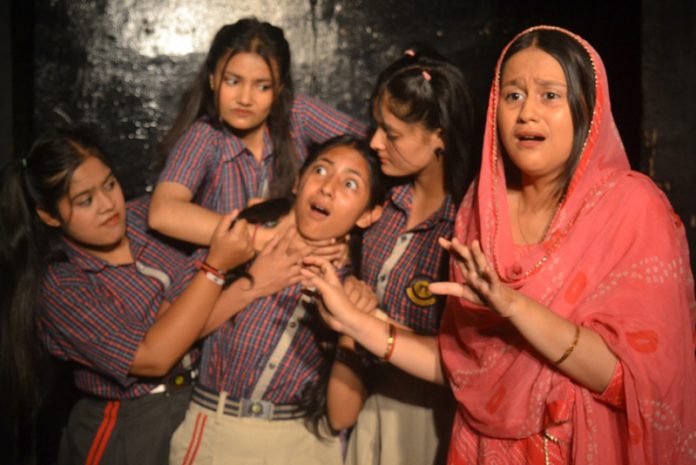 A still from Hindi play ‘Miss World Undeclared’ staged by Natrang in Jammu on Sunday.