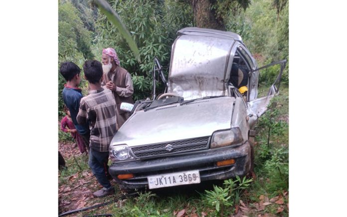 An ill-fated vehicle which met with an accident on Koteranka-Shahpur Road in Rajouri district.