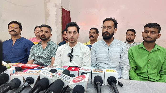 Members of Moment Kalki addressing joint press conference in Jammu on Saturday. -Excelsior/Rakesh