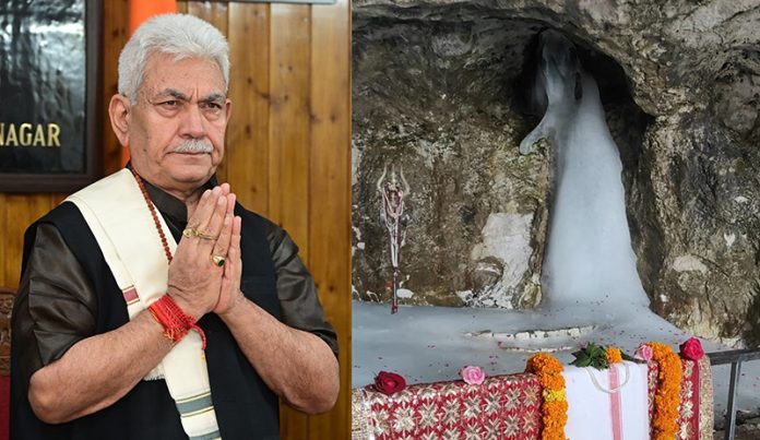 LG Manoj Sinha performing 'Pratham Puja' at Shri Amarnath Ji cave shrine in South Kashmir Himalayas on Saturday, via video conferencing.