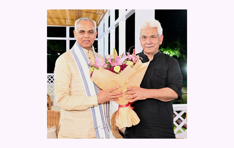 Governor of Gujarat Acharya Devvrat in a meeting with Lieutenant Governor Manoj Sinha at Raj Bhawan, Srinagar.