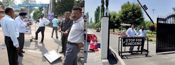Tight security arrangements outside counting centres at Jammu (left) and Srinagar (right). -Excelsior pics by Rakesh & Shakeel