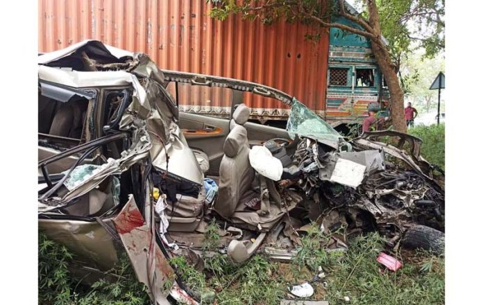 The ill-fated Toyota vehicle from J&K that met with an accident in Punjab on Saturday morning.