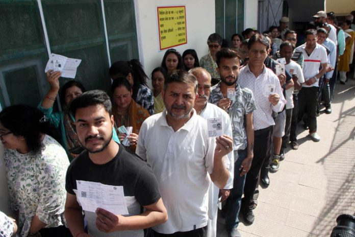 Voters displaying identity cards while standing in queue to cast their votes at a polling booth during the 7th phase of general elections in Shimla on Saturday. (UNI)