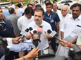 Leader of Opposition in Lok Sabha Rahul Gandhi talking to newsmen on NEET issue at Vijay Chowk, outside the Parliament House in New Delhi on Friday. (UNI)