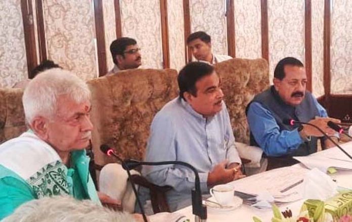 Union Minister Nitin Gadkari chairing a meeting in Srinagar on Monday.