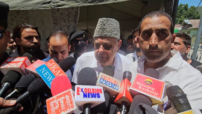 NC president Dr Farooq Abdullah speaking to reporters in Baramulla on Tuesday. - Excelsior/Abid Nabi