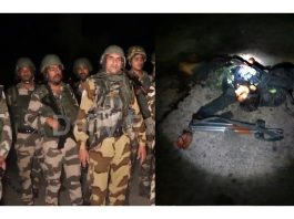 Troops at village Saida Sukhal (left) and body of slain terrorist (right) in Hiranagar on Tuesday night. - Excelsior/Pradeep