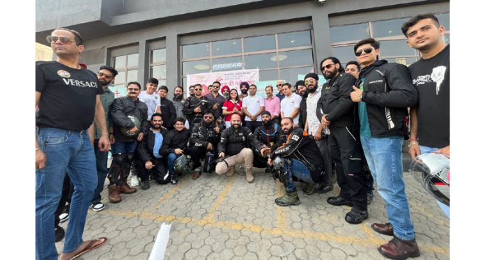 Bikers, who participated in a rally against drug abuse posing for group photograph in Jammu on Sunday.