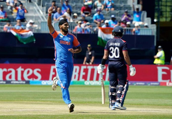 Arshdeep Singh celebrating a wicket against USA.