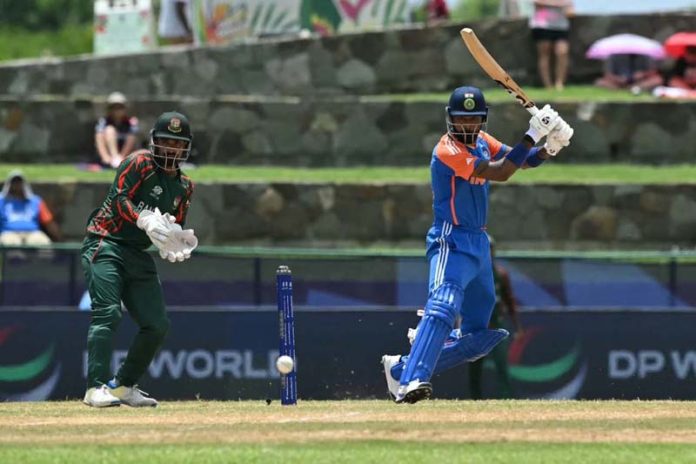 Hardik Pandya playing a shot during his 50 runs not out against Bangladesh.