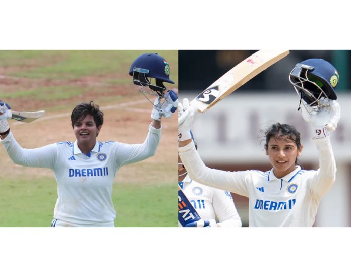 Shafali Verma (L) raising her bat after scoring double century and Smriti Mandhana (R) celebrating her century against South Africa