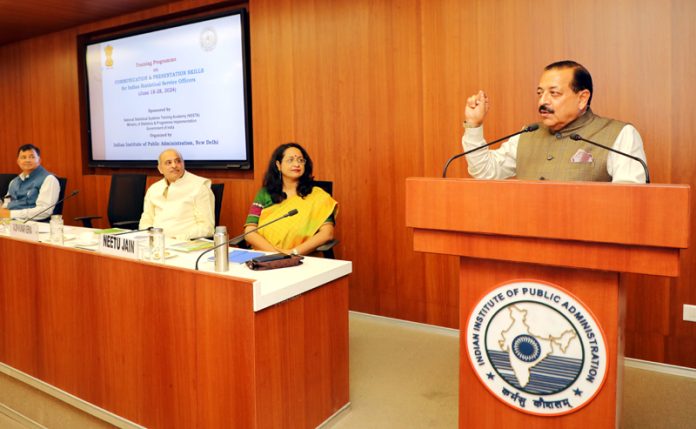 Union Minister Dr Jitendra Singh speaking after assuming charge as National Chairman of the Indian Institute of Public Administration (IIPA) for the third consecutive term at IIPA campus, New Delhi on Wednesday.
