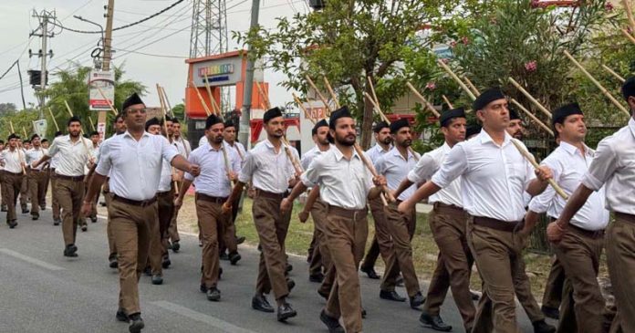 RSS volunteers taking out a march past in Jammu on Thursday.