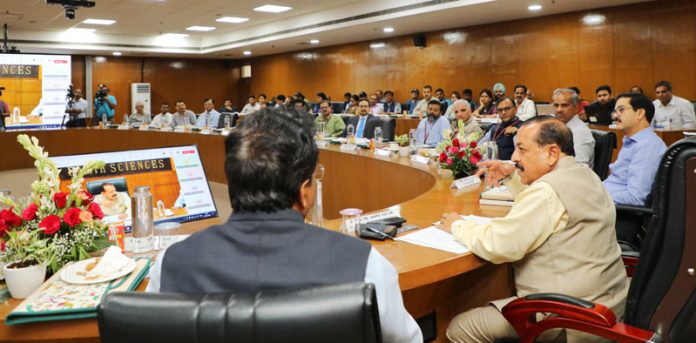 Union Minister Dr Jitendra Singh, flanked by Chairman ISRO S. Somanath, Union Secretary Panchayati Raj,Union Secretary Earth Sciences and other senior officers, launching two Geoportals at New Delhi on Friday.