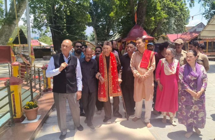 Chairman Trustee J&K Dharmarth Trust Dr Karan Singh taking stock of arrangements at Mata Kheer Bhawani, Tullamulla on Tuesday.