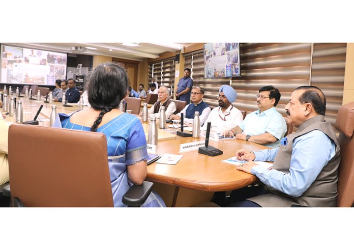 Union Minister Dr Jitendra Singh chairing a meeting of senior officials of the Department of Scientific and Industrial Research (DSIR) and Department of Biotechnology (DBT) at New Delhi on Friday.