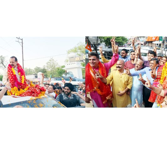 Union Minister Dr Jitendra Singh leading the victory procession at Kathua (left). Party leaders led by JK BJP president Ravinder Raina celebrating victory at party headquarters Jammu (right). —Excelsior/Rakesh