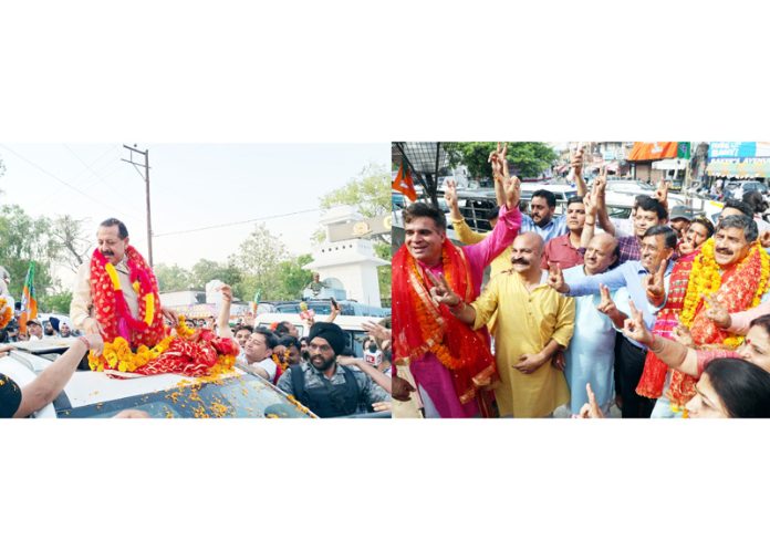 Union Minister Dr Jitendra Singh leading the victory procession at Kathua (left). Party leaders led by JK BJP president Ravinder Raina celebrating victory at party headquarters Jammu (right). —Excelsior/Rakesh