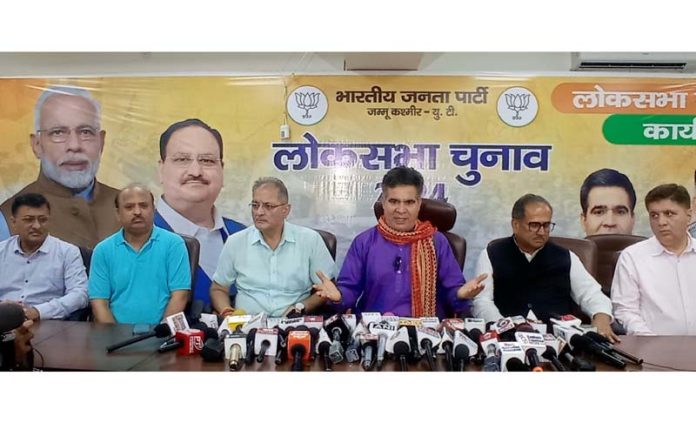 BJP leaders at a press conference at Jammu on Thursday. -Excelsior/Rakesh