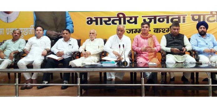 BJP leaders during a meeting at party office at Trikuta Nagar on Thursday.