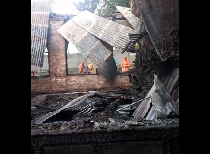 A view of damage caused by fire.