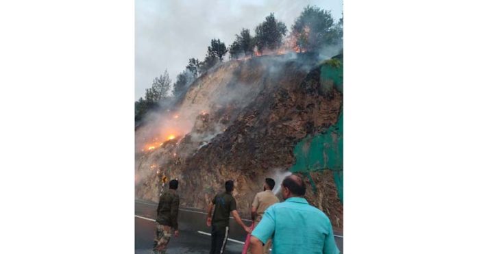 Forest fire engulfs larger area along Batote-Kishtwar road near Pul Doda.
