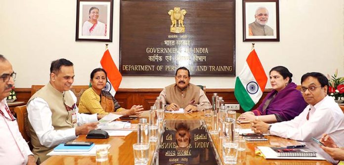 Union Minister Dr Jitendra Singh convening a joint meeting of Department of Personnel & Training (DoPT), Department of Administrative Reforms & Public Grievances (DARPG) and Department of Pensions & Pensioners Welfare (DoPPW) at North Block, New Delhi.