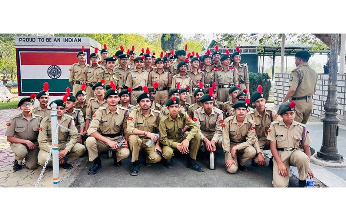 NCC cadets during visit to Suchetgarh along Indo-Pak border in R S Pura Sector on Sunday.