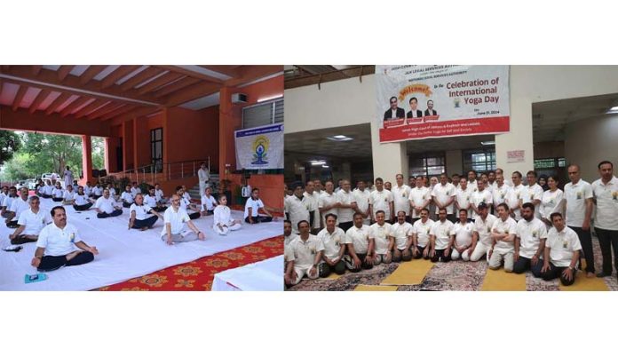 Staff of J&K High Court during Yoga Day event at High Court Complex Jammu (left) and Srinagar (right) on Friday.