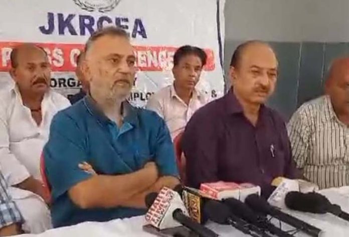 JKRCEA leaders addressing media persons at Jammu on Friday.