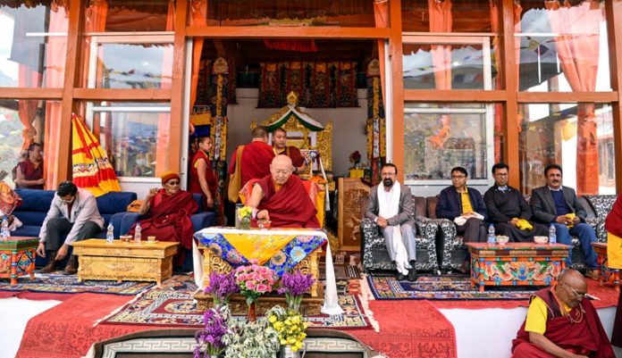CEC Kargil Dr Mohammad Jaffer Akhoon, Dalai Lama and other personalities during a religious ceremony in Wakha on Wednesday.