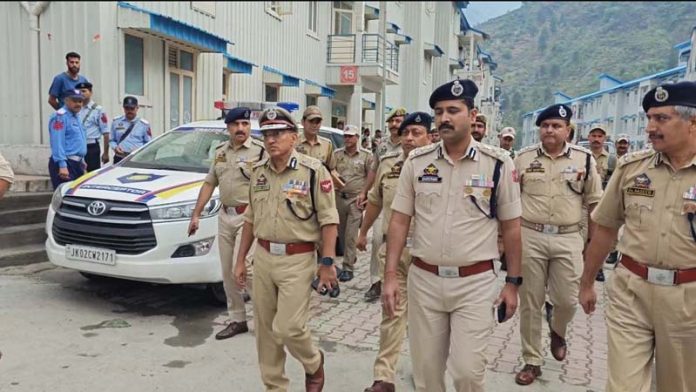 ADGP Jammu Zone, Anand Jain, along with other officers during visit to Ramban on Friday.