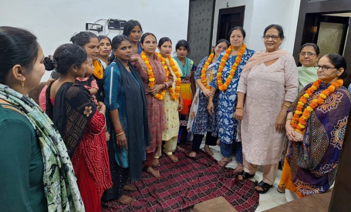 NC leader Bimla Luthra during a meeting at Jammu on Tuesday.