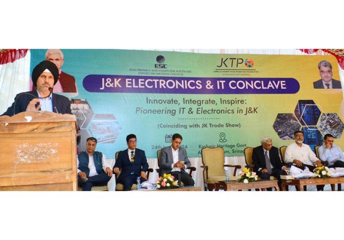 Comm/Secy Vikramjit Singh addresssing the J&K Electronics and IT conclave at Srinagar on Monday.