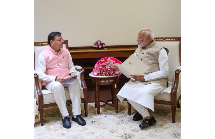 Uttarakhand’s CM Pushkar Singh Dhami during his meeting with PM Modi on Tuesday.