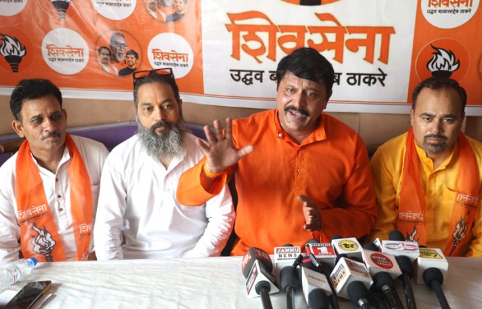 Shiv Sena State chief Manish Sahni addressing a press conference at Jammu. —Excelsior/Rakesh