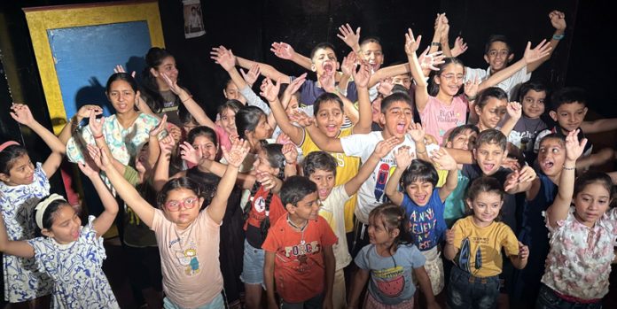 Children enjoying during the Theatre Camp organised by Natrang in Jammu on Tuesday.