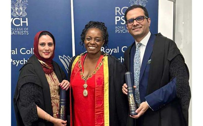 President of Royal College of Psychiatrists with the Kashmiri siblings who have been awarded fellowship.