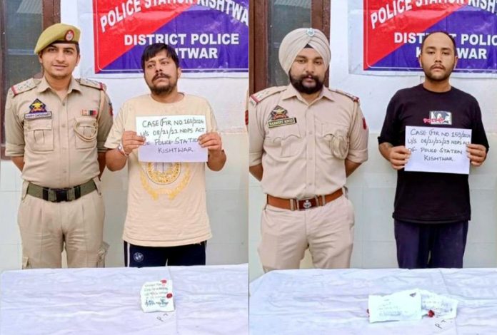 Cops presenting narco-peddlers at Police Station Kishtwar on Monday. —Excelsior/Tilak Raj