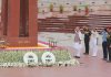 Defence Minister Rajnath Singh paying homage to the bravehearts at the National War Memorial on the occasion of 25th anniversary of India’s victory in the Kargil war in New Delhi on Friday.UNI