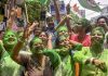 TMC supporters celebrate as party candidate Supti Pandey from Maniktala constituency leads during counting of votes for Assembly by-election, in Kolkata
