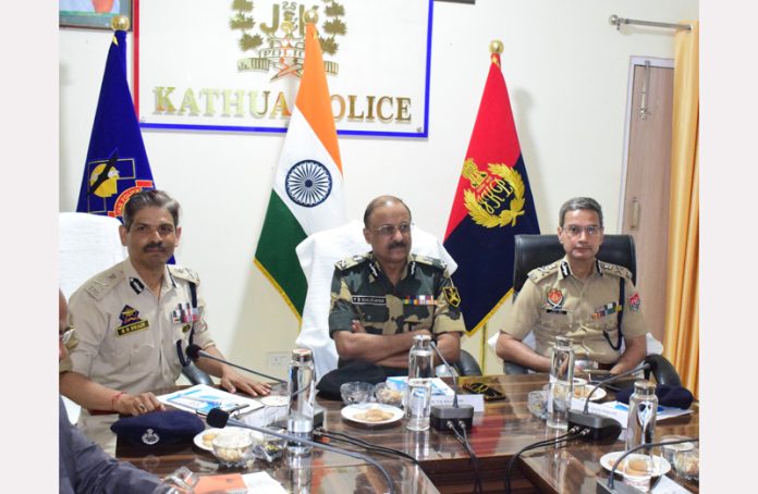 Senior BSF and police officers at the joint meeting at Kathua on Thursday.